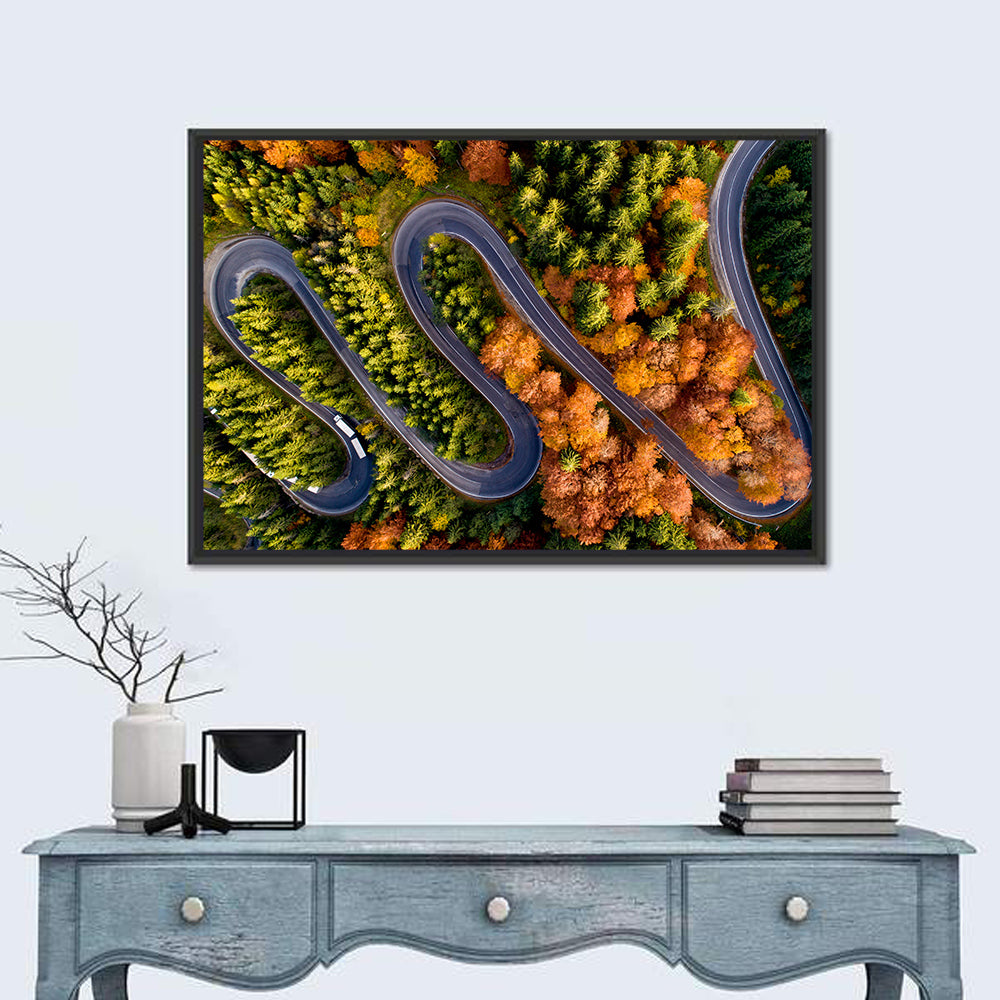 Autumn Aerial Mountain Road Wall Art in a room, landscape