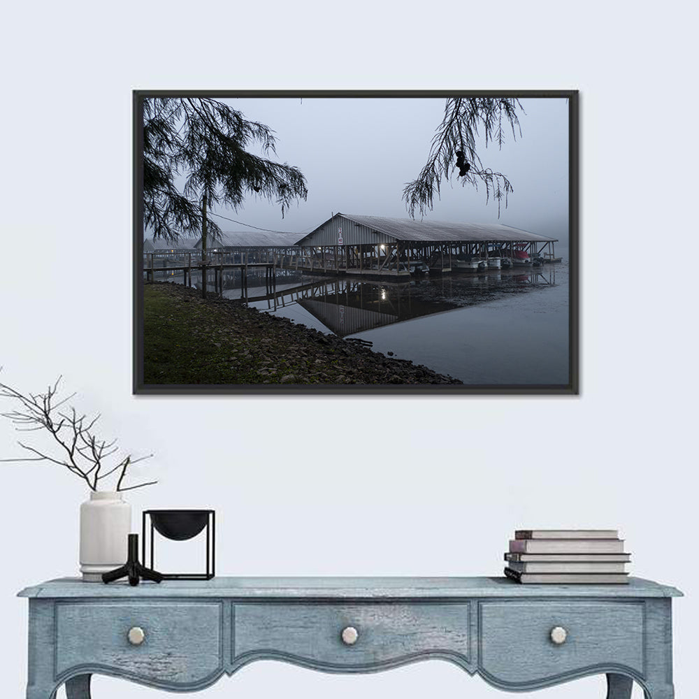 Ozark Beach Resort Boathouse Wall Art in a room, landscape