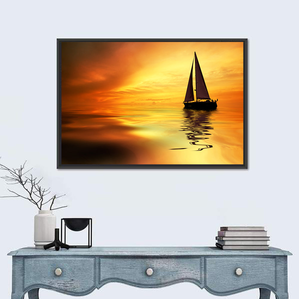 Golden Hour Sailboat Silhouette Wall Art in a room, landscape