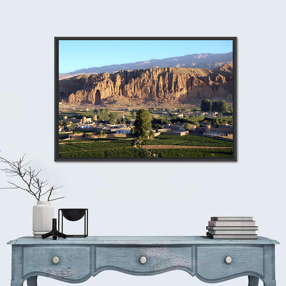 Bamiyan Valley Cliff Niche at Golden Hour Wall Art in a room, landscape