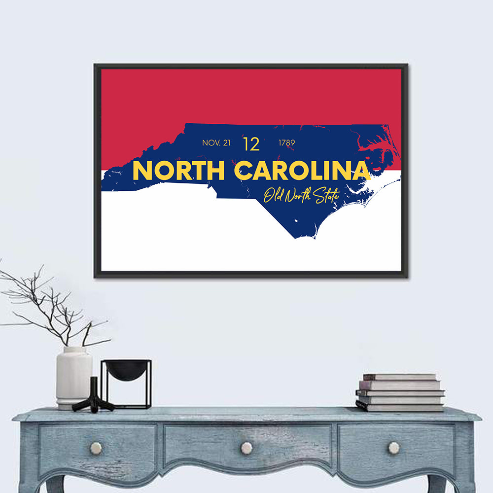 North Carolina Typographic Map Wall Art in a room, landscape
