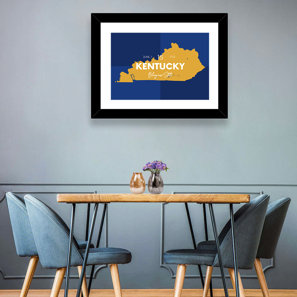 Blue and Gold Kentucky Map Wall Art