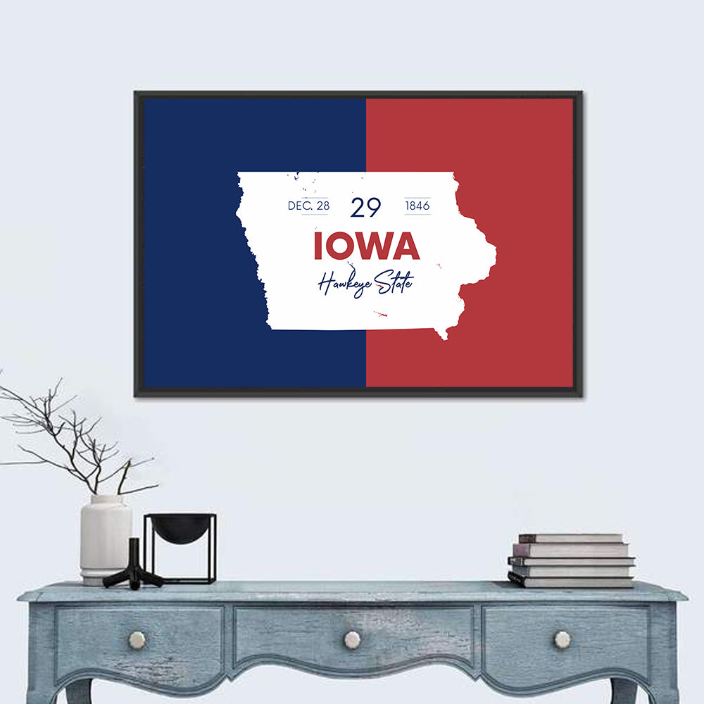 Hawkeye State Map Typography Wall Art in a room, landscape
