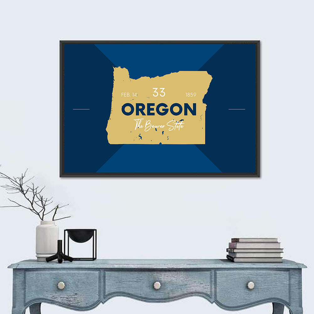 Oregon Typographic Map Wall Art in a room, landscape