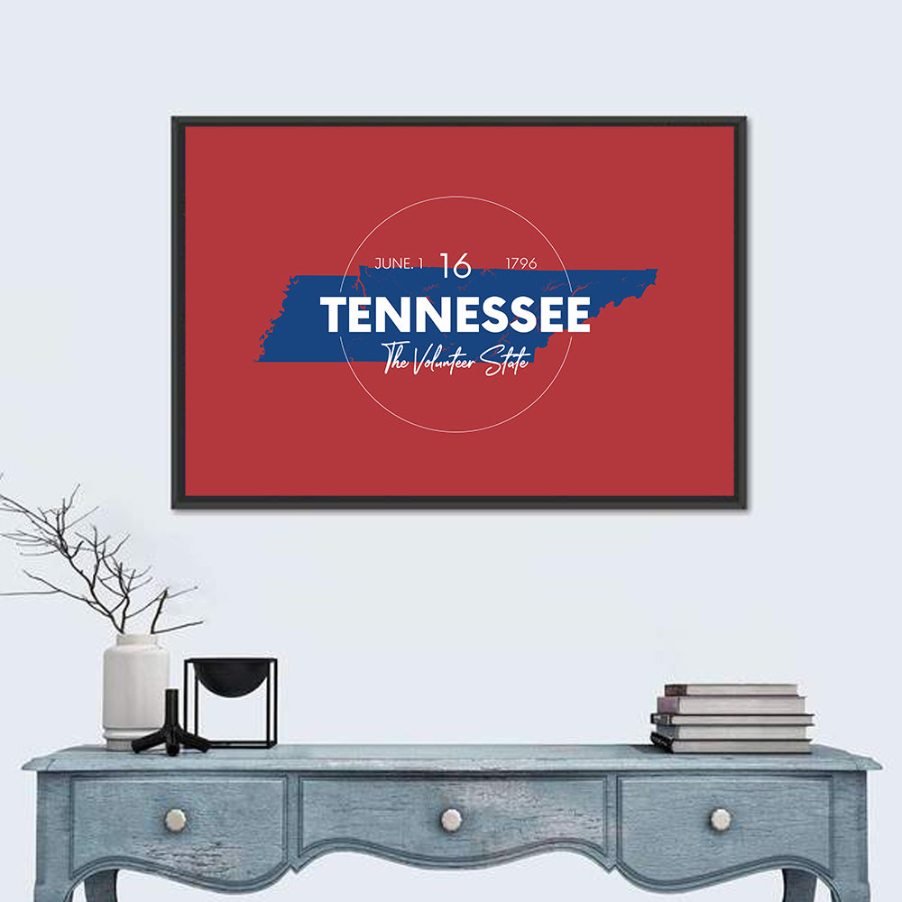Tennessee Typographic Map Wall Art in a room, landscape