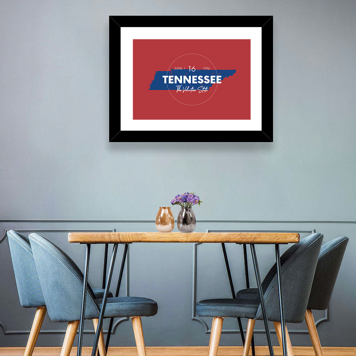 Tennessee Typographic Map Wall Art in a room, landscape
