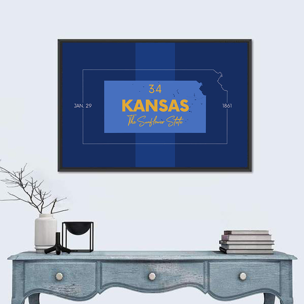 Kansas Typographic Map, Blue and Gold Wall Art in a room, landscape