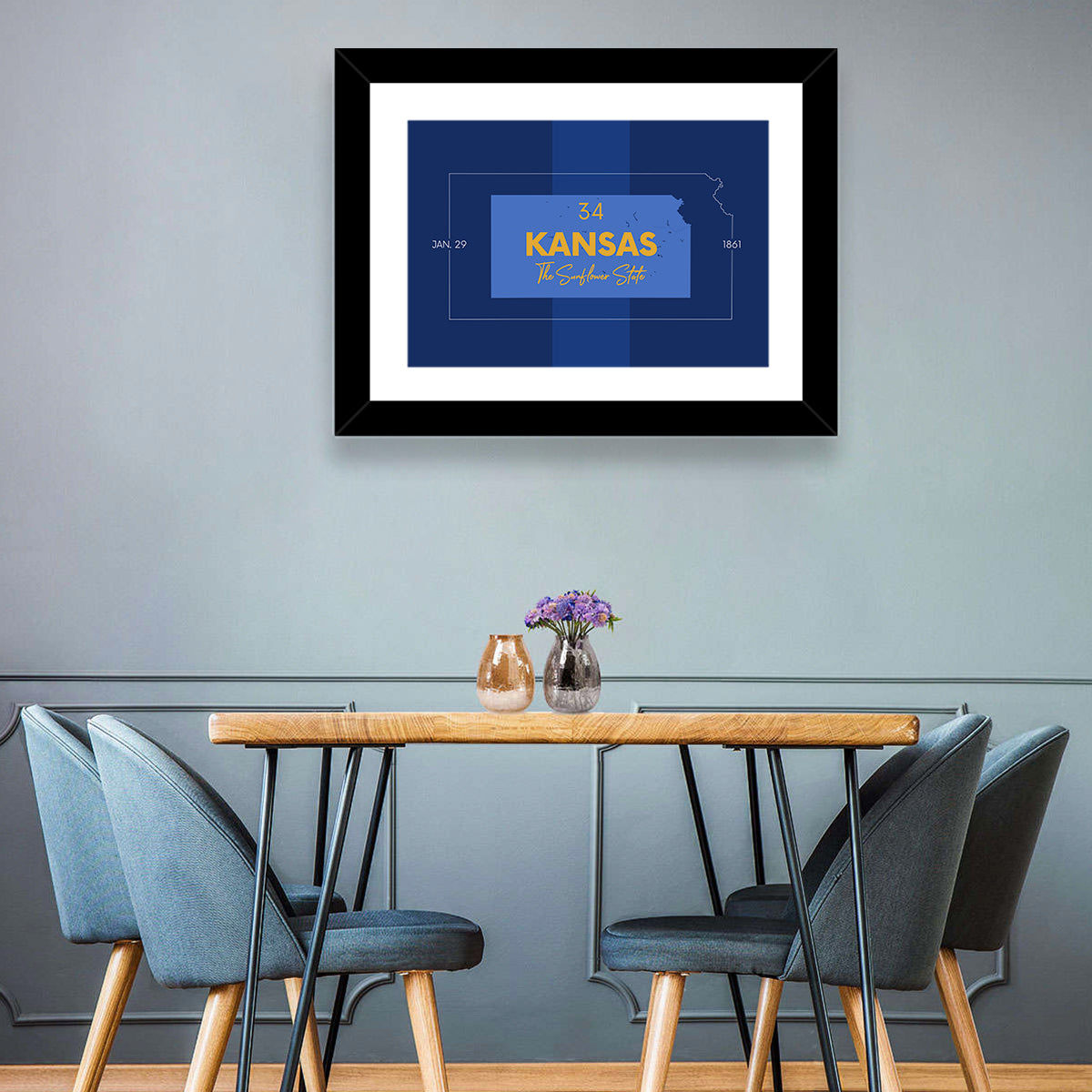 Kansas Typographic Map, Blue and Gold Wall Art