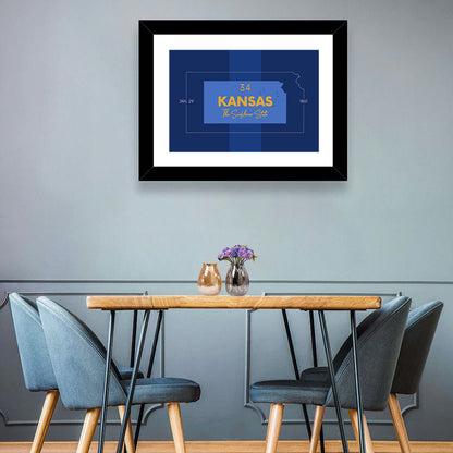 Kansas Typographic Map, Blue and Gold Wall Art