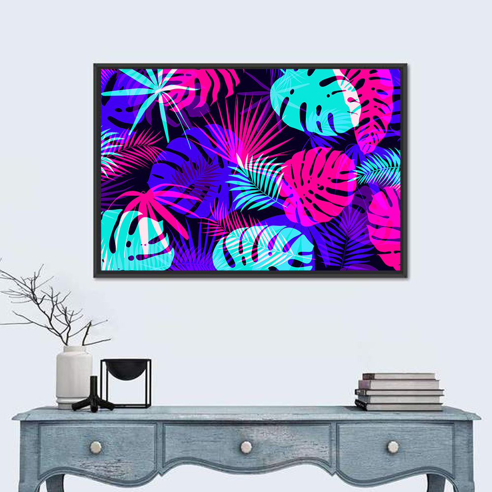 Neon Tropical Leaves Wall Art in a room, landscape
