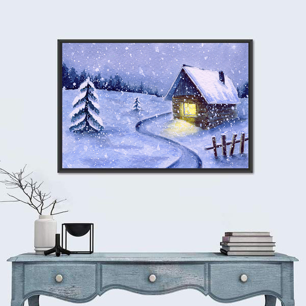 Snowy Log Cabin Night Wall Art in a room, landscape