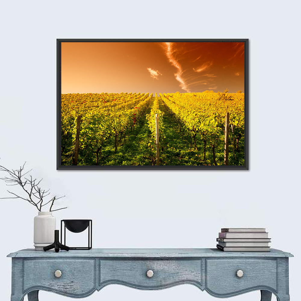 Golden Vineyard Sunset Wall Art in a room, landscape