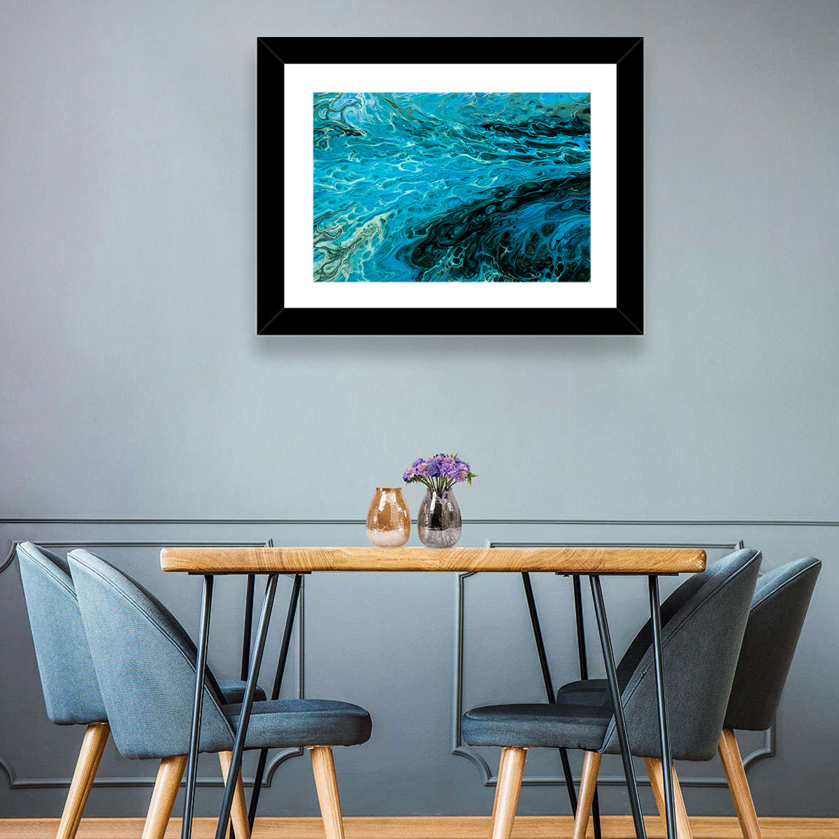 Liquid Marble Blue Abstract Wall Art in a room, landscape
