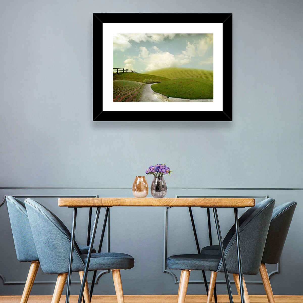 Winding Road Through Rolling Hills Wall Art in a room, landscape