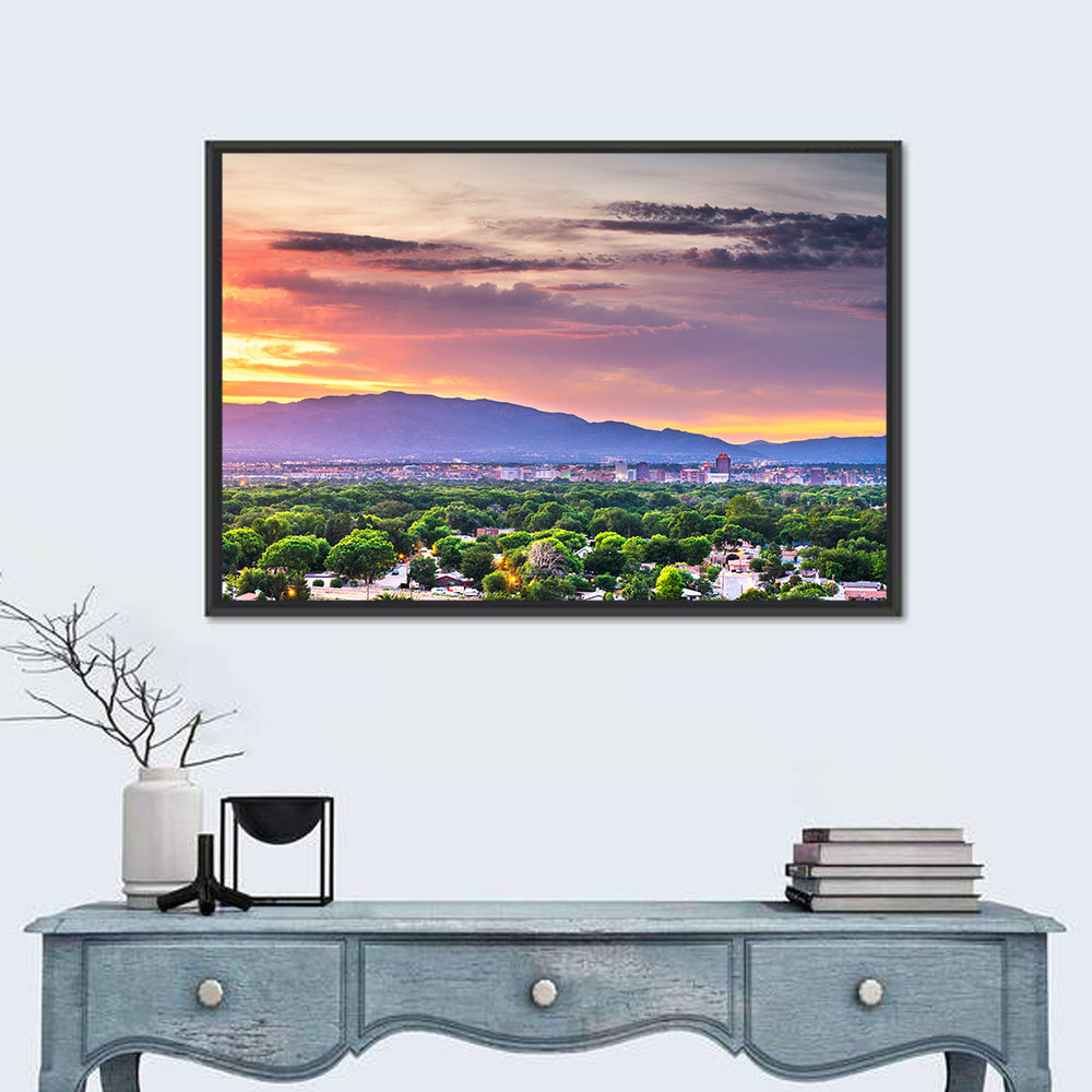 Albuquerque Skyline at Dusk Wall Art in a room, landscape