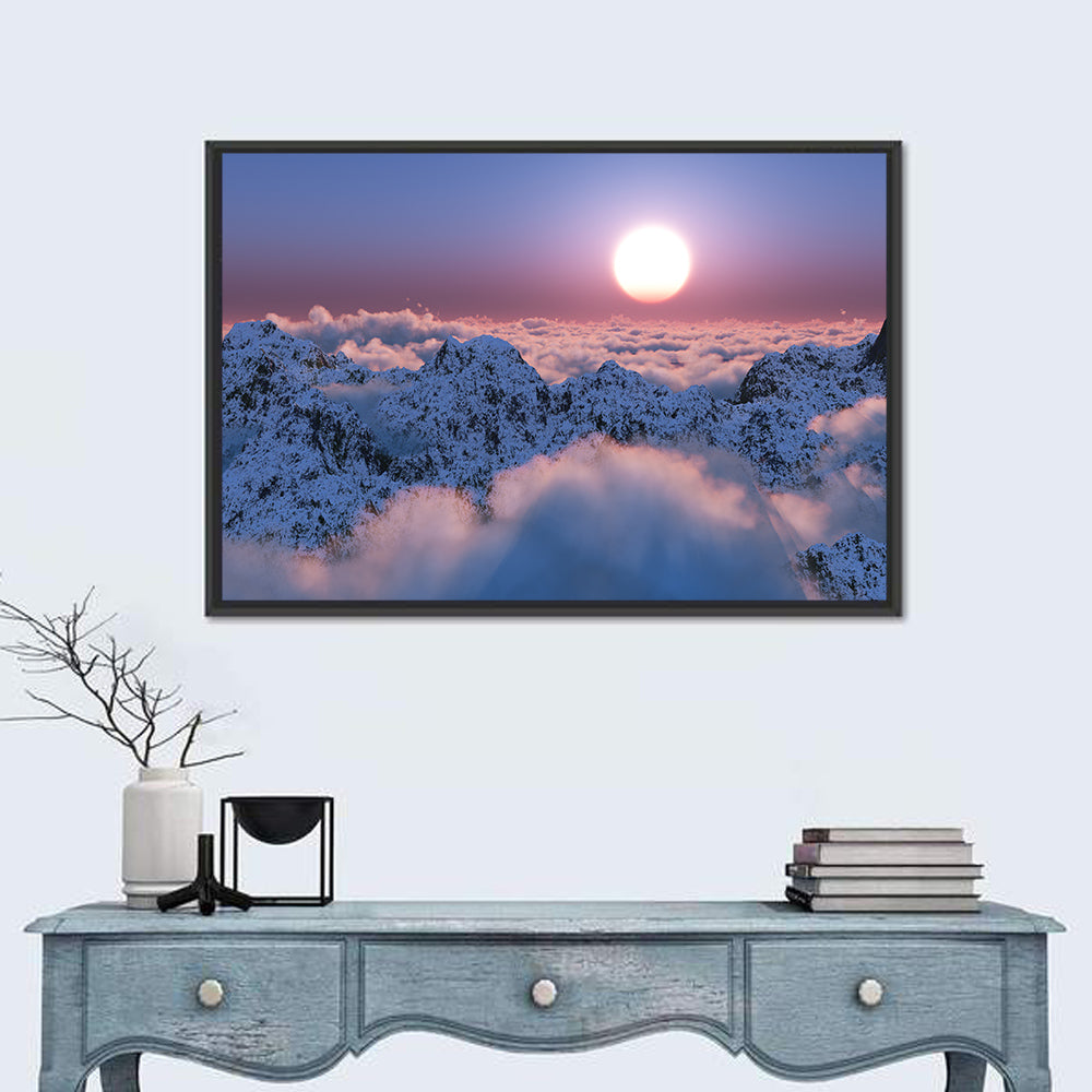 Sunset Above Snowy Mountains Wall Art in a room, landscape
