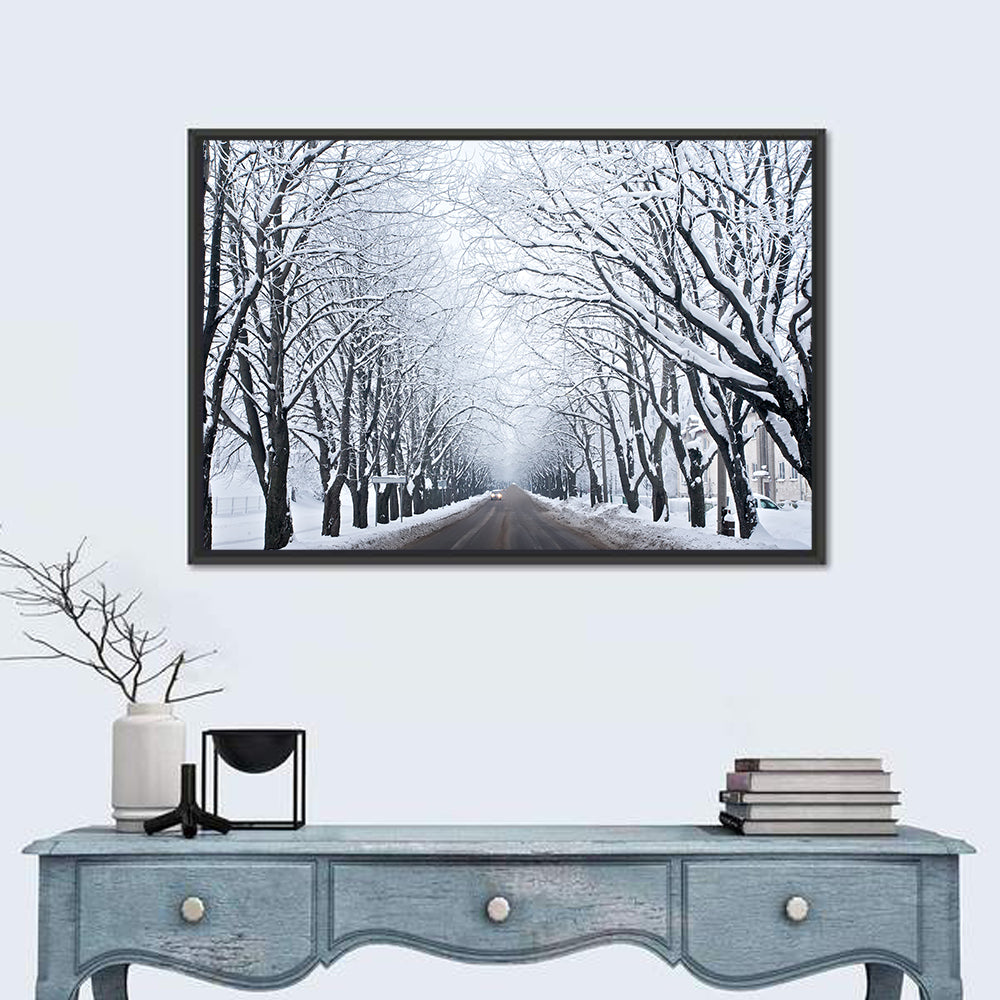 Snowy Road with Distant Headlights Wall Art in a room, landscape