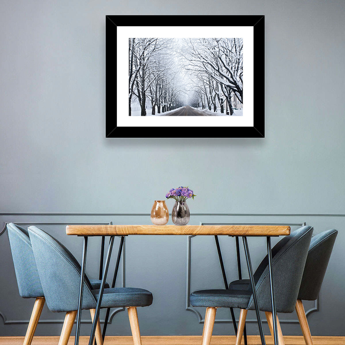 Snowy Road with Distant Headlights Wall Art in a room, landscape