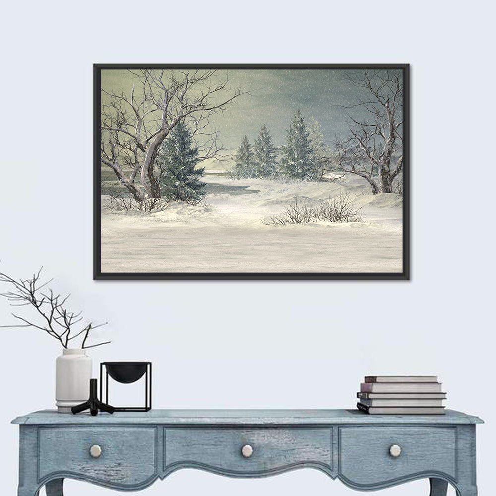 Snowy Forest with Frozen Pond Wall Art in a room, landscape