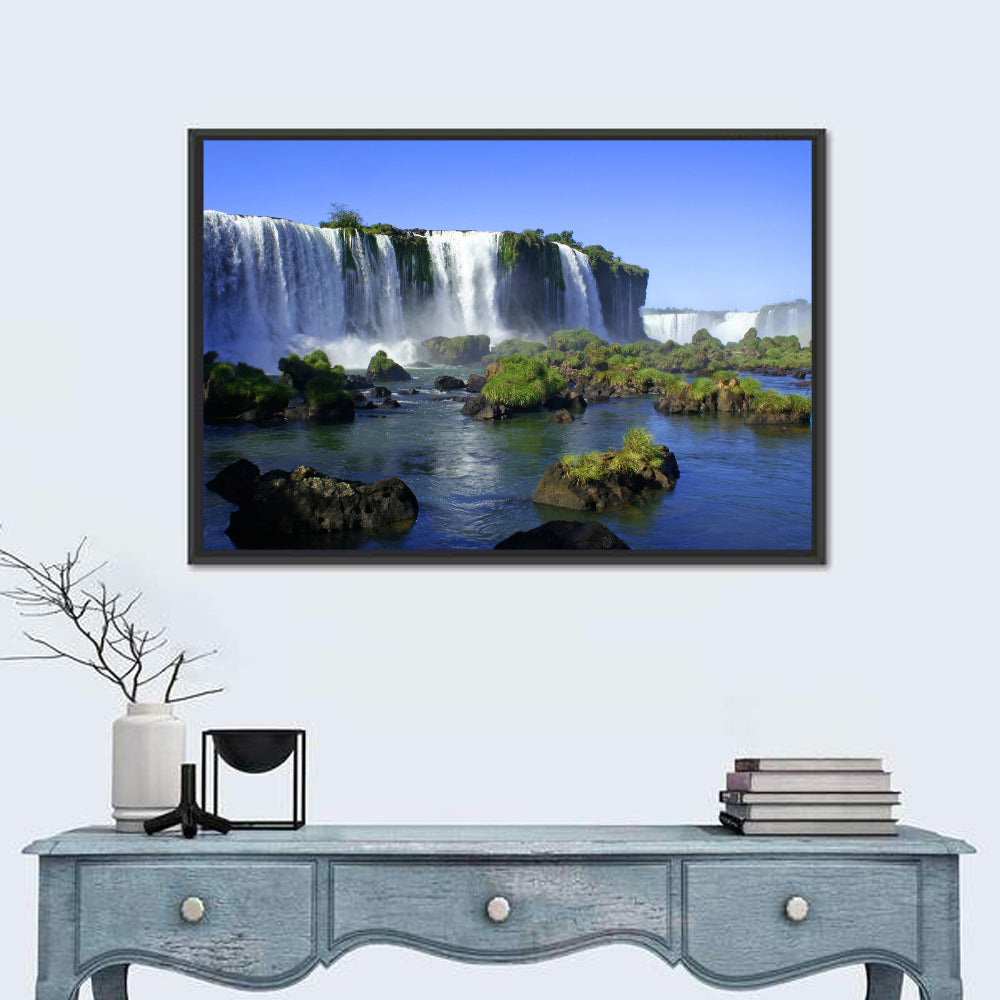 Iguazu Falls Mossy Rocks Wall Art in a room, landscape