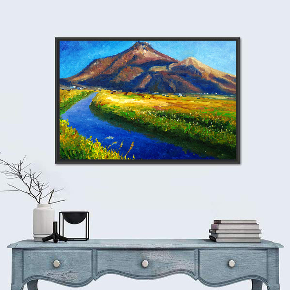 Mountain Village Stream at Golden Hour Wall Art in a room, landscape