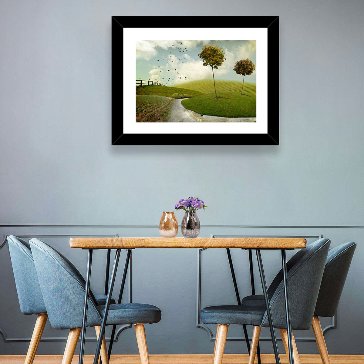Serene Green Hills Pathscape Wall Art in a room, landscape