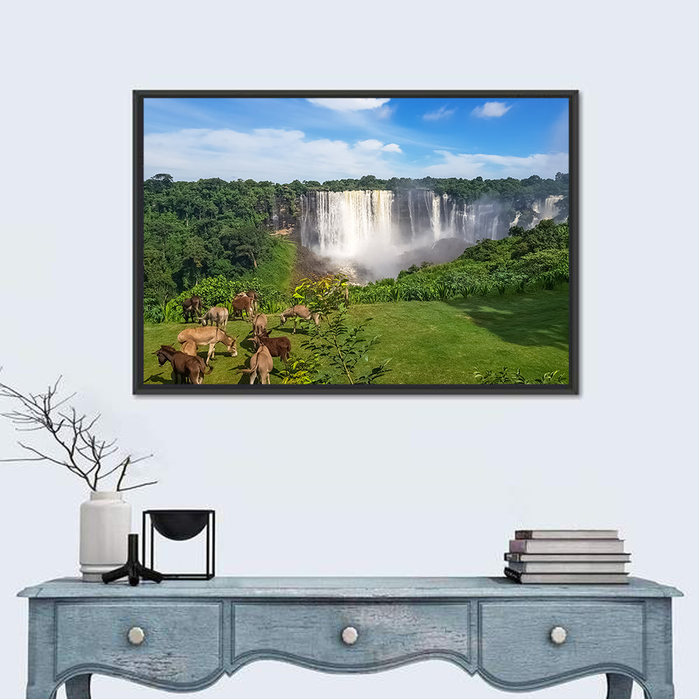 Kalandula Falls and Grazing Donkeys Wall Art in a room, landscape