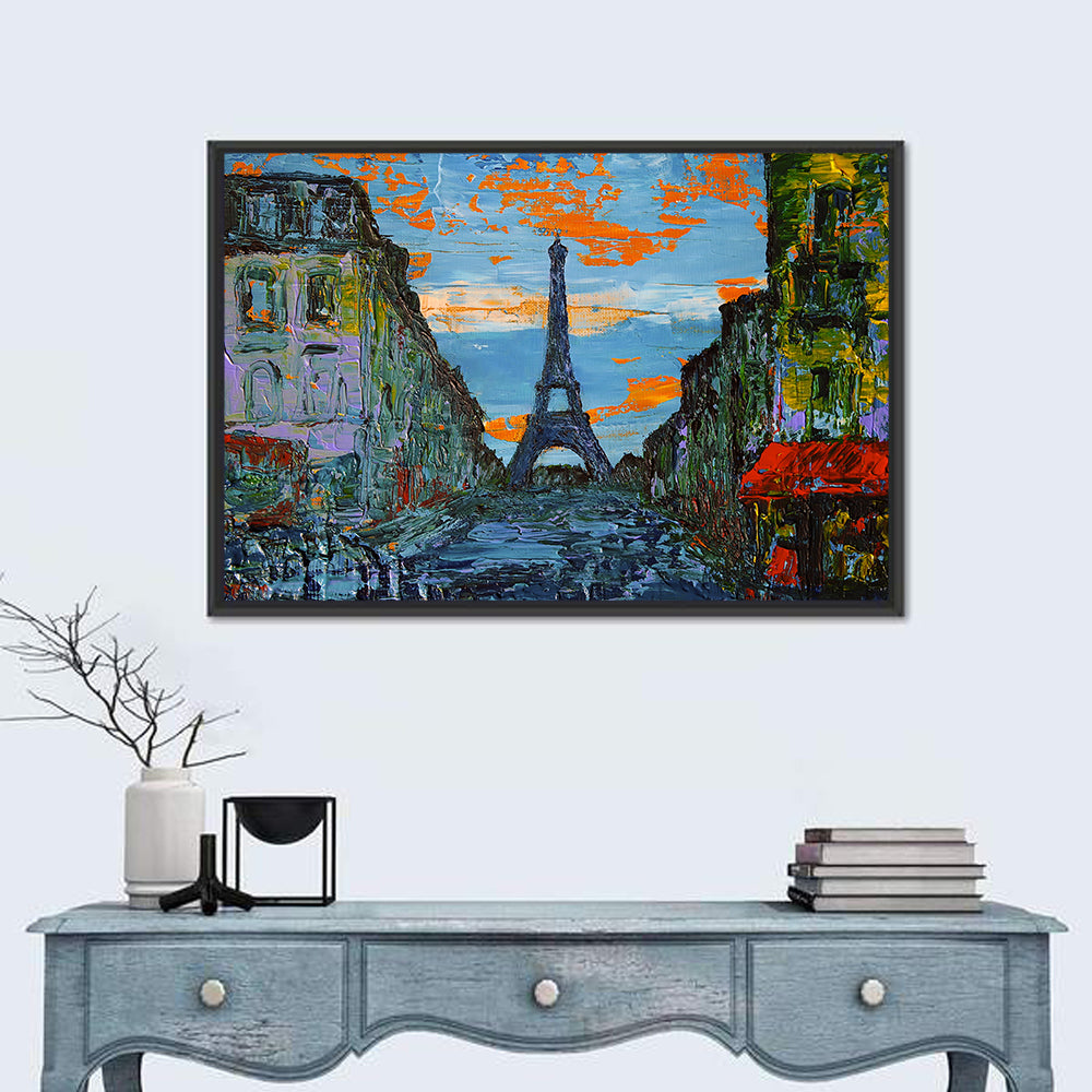Paris Dusk Street, Eiffel Tower Wall Art in a room, landscape
