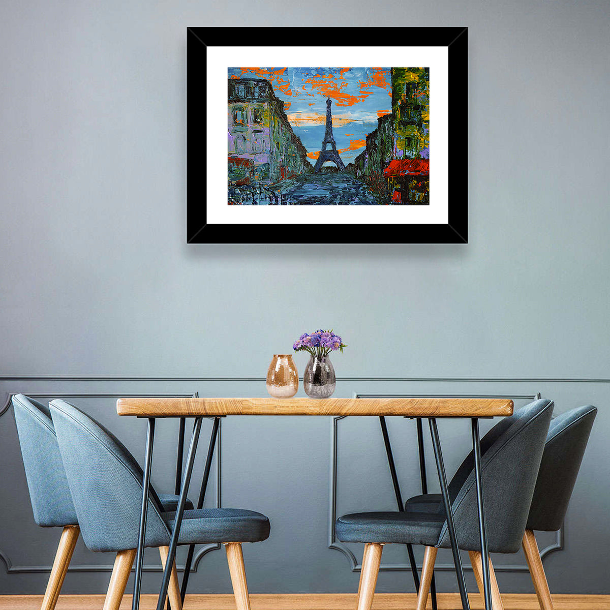 Paris Dusk Street, Eiffel Tower Wall Art in a room, landscape