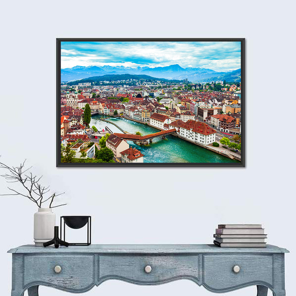 Lucerne Chapel Bridge View Wall Art in a room, landscape