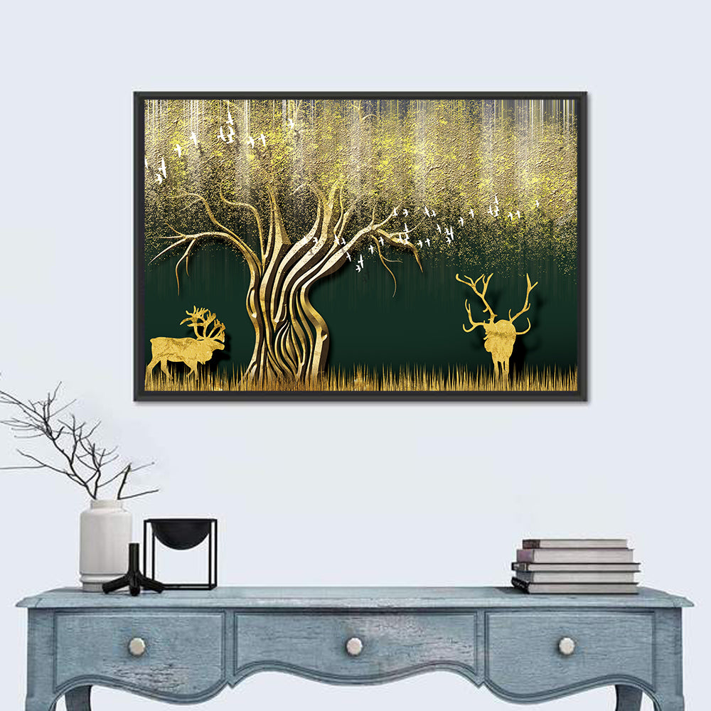 Golden Deer and Tree Illustration Wall Art in a room, landscape
