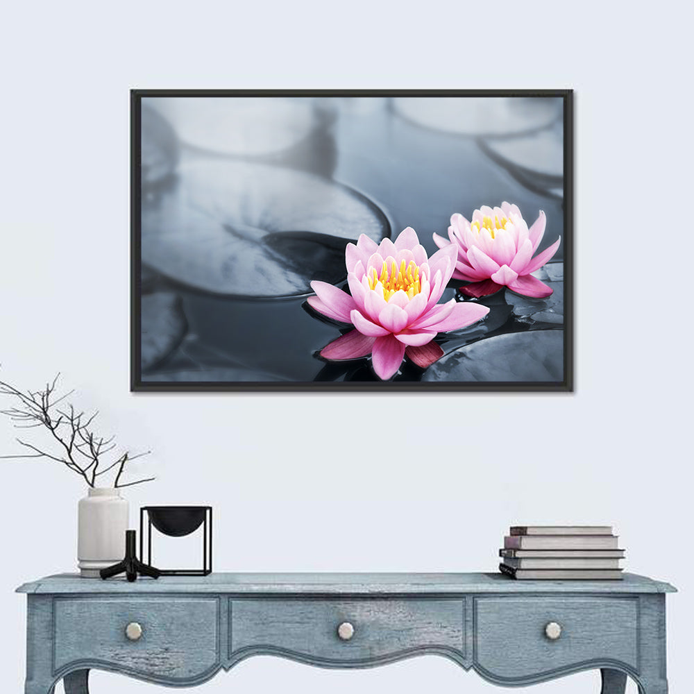 Pink Water Lilies Wall Art in a room, landscape