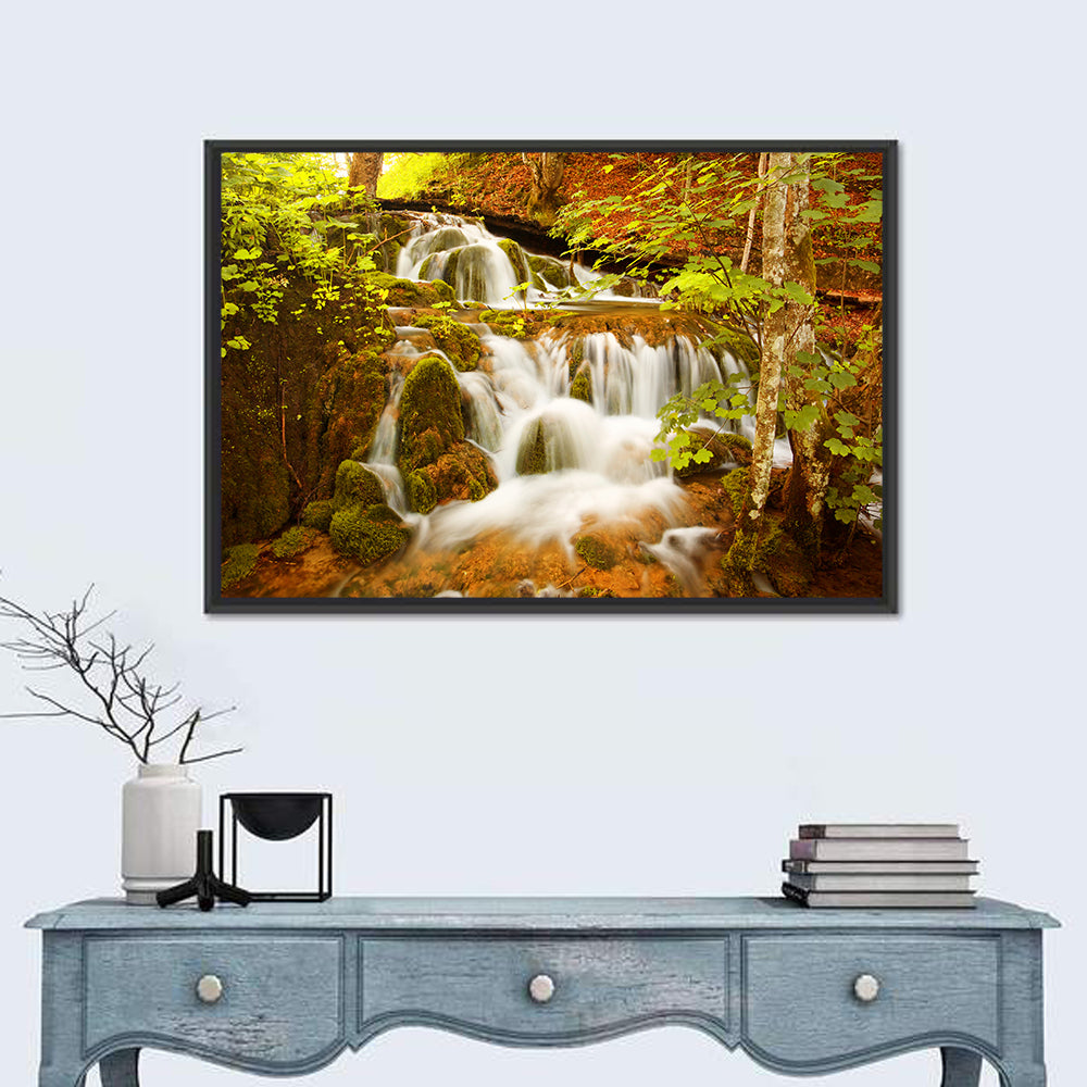 Plitvice Autumn Stream Wall Art in a room, landscape