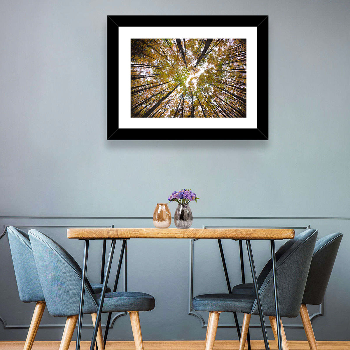 Autumn Forest Canopy Looking Up Wall Art in a room, landscape