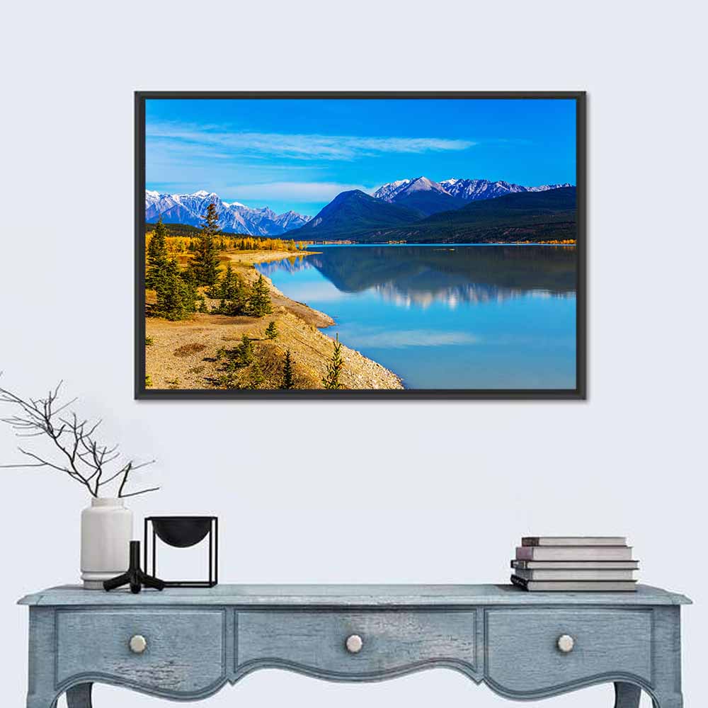 Abraham Lake Turquoise Reflection Wall Art in a room, landscape