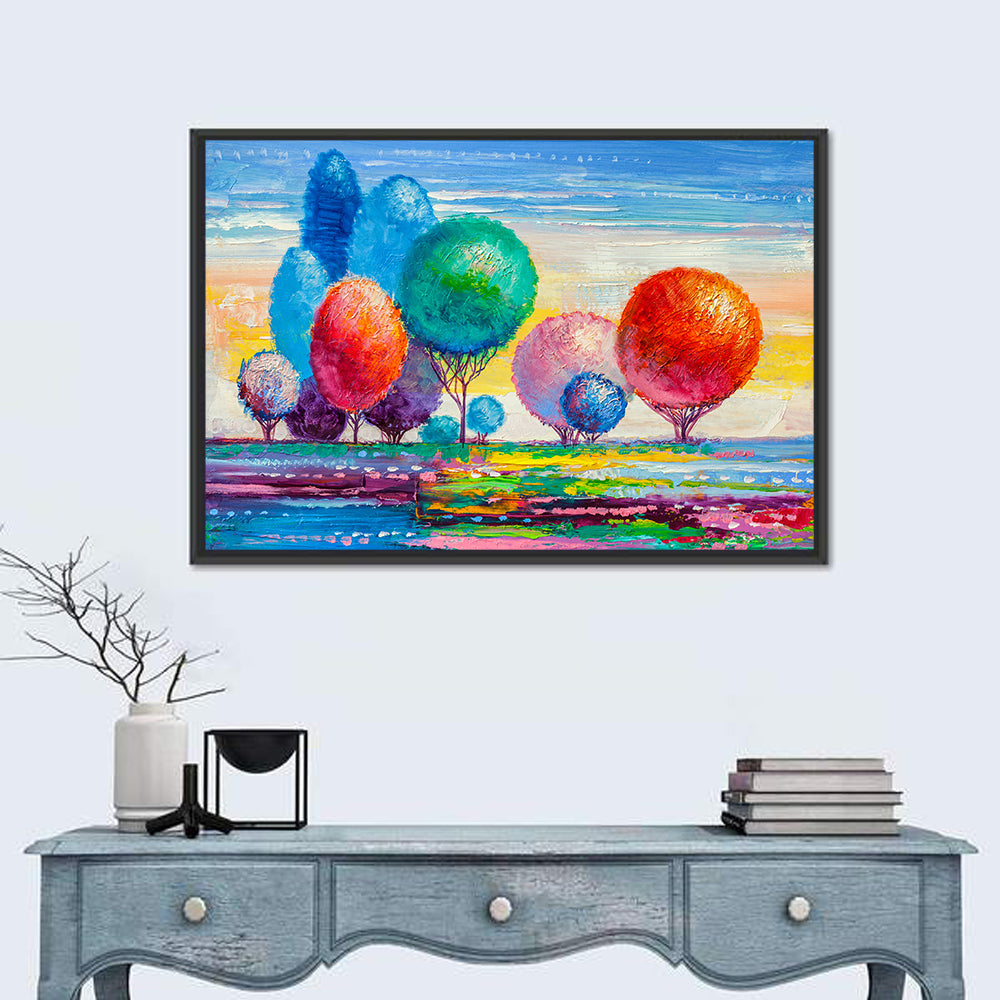 Autumn Trees at Sunset Wall Art in a room, landscape