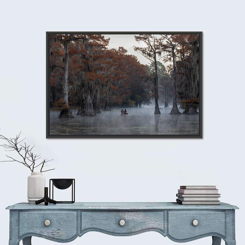 Caddo Lake Morning Mist Wall Art in a room, landscape