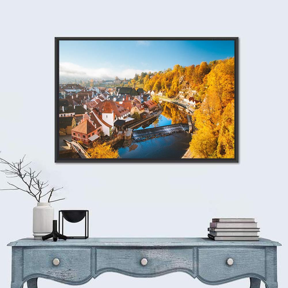 Český Krumlov River Weir in Autumn Wall Art in a room, landscape