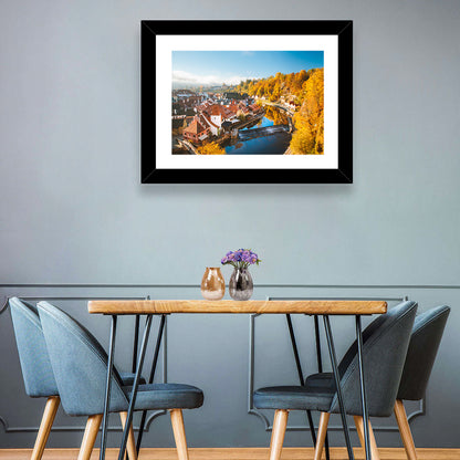 Český Krumlov River Weir in Autumn Wall Art