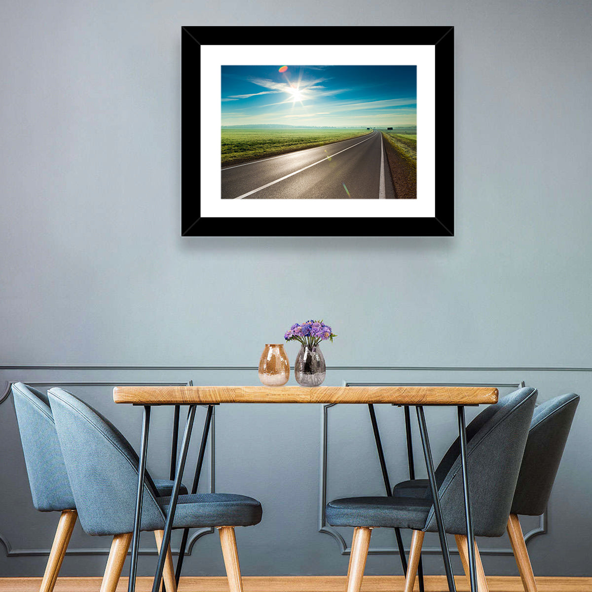 Sunlit Road Through Green Field Wall Art