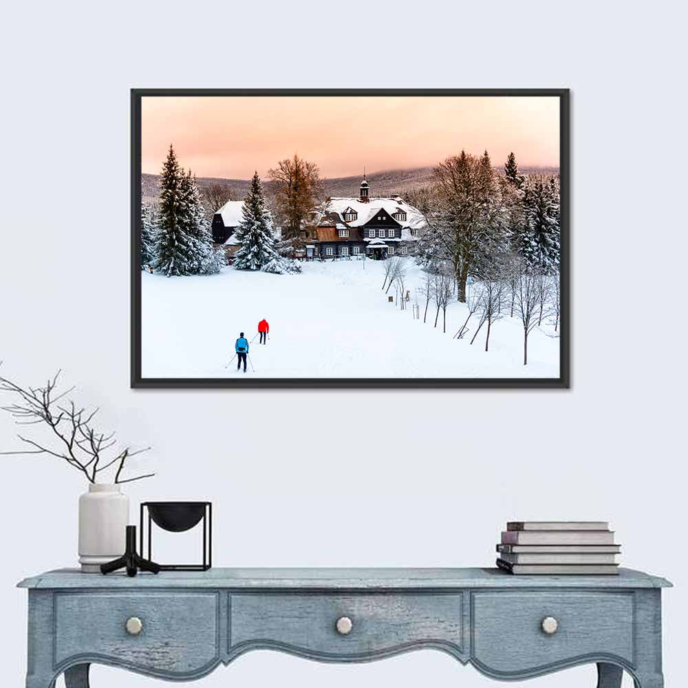 Samalova Cottage Winter Scene Wall Art in a room, landscape