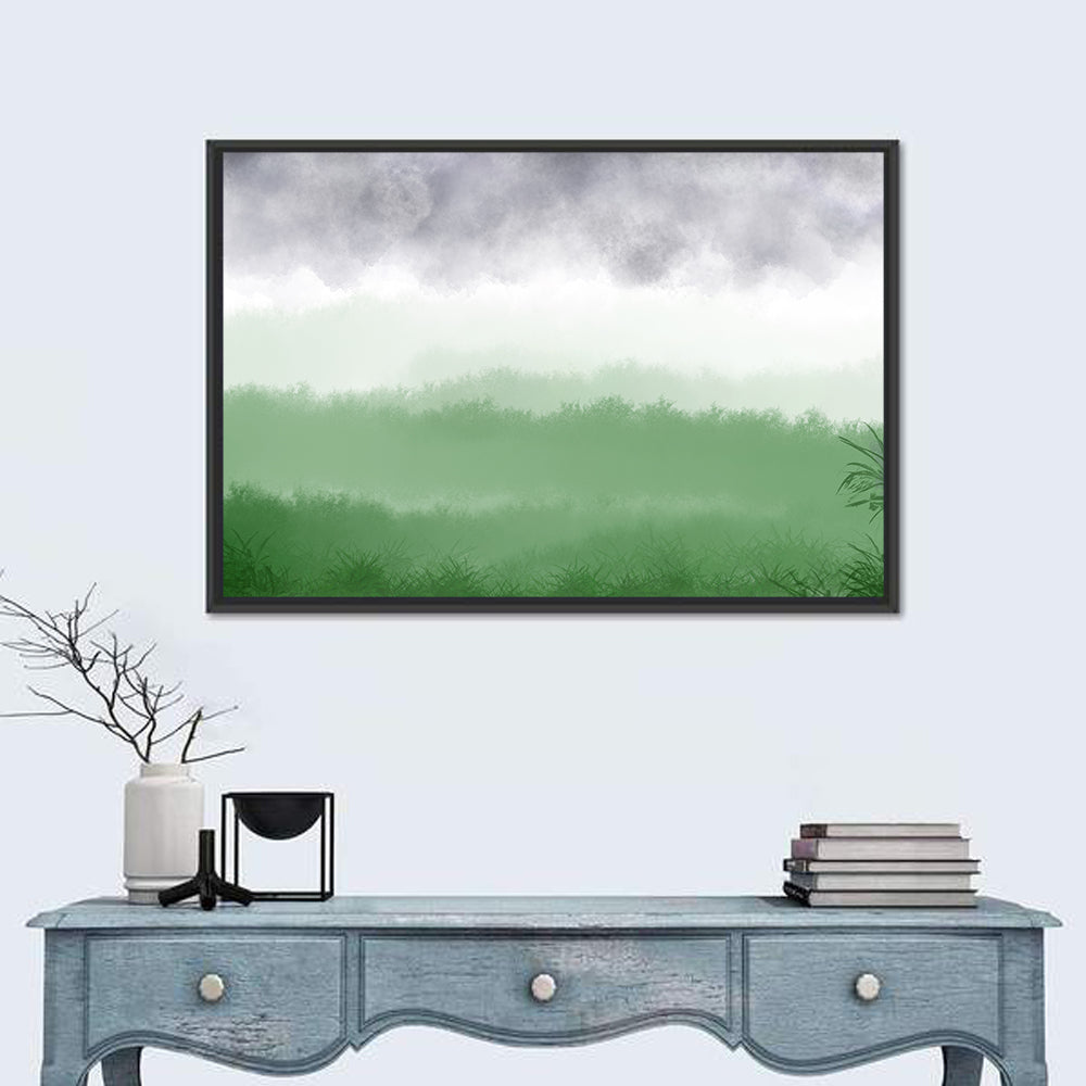 Misty Green Fields Wall Art in a room, landscape