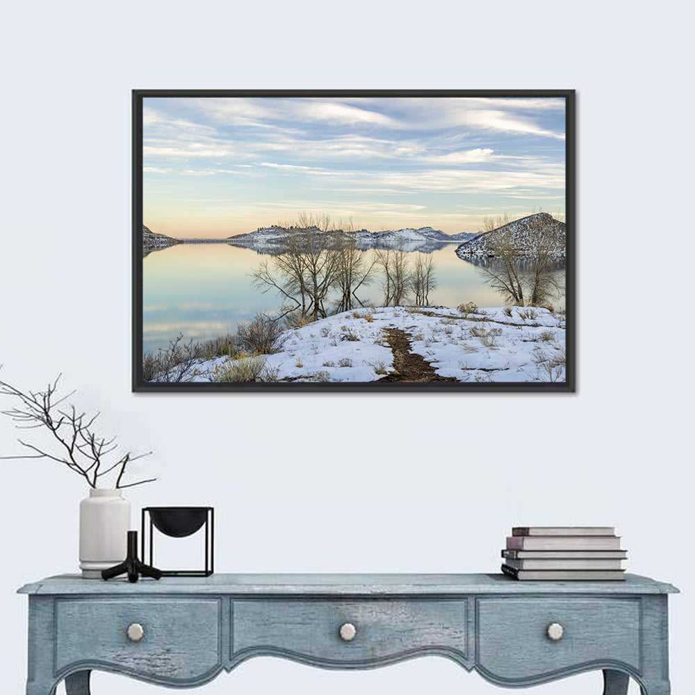 Horsetooth Reservoir Frozen Reflection Wall Art in a room, landscape