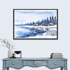 Snowy Village by Frozen Lake Wall Art