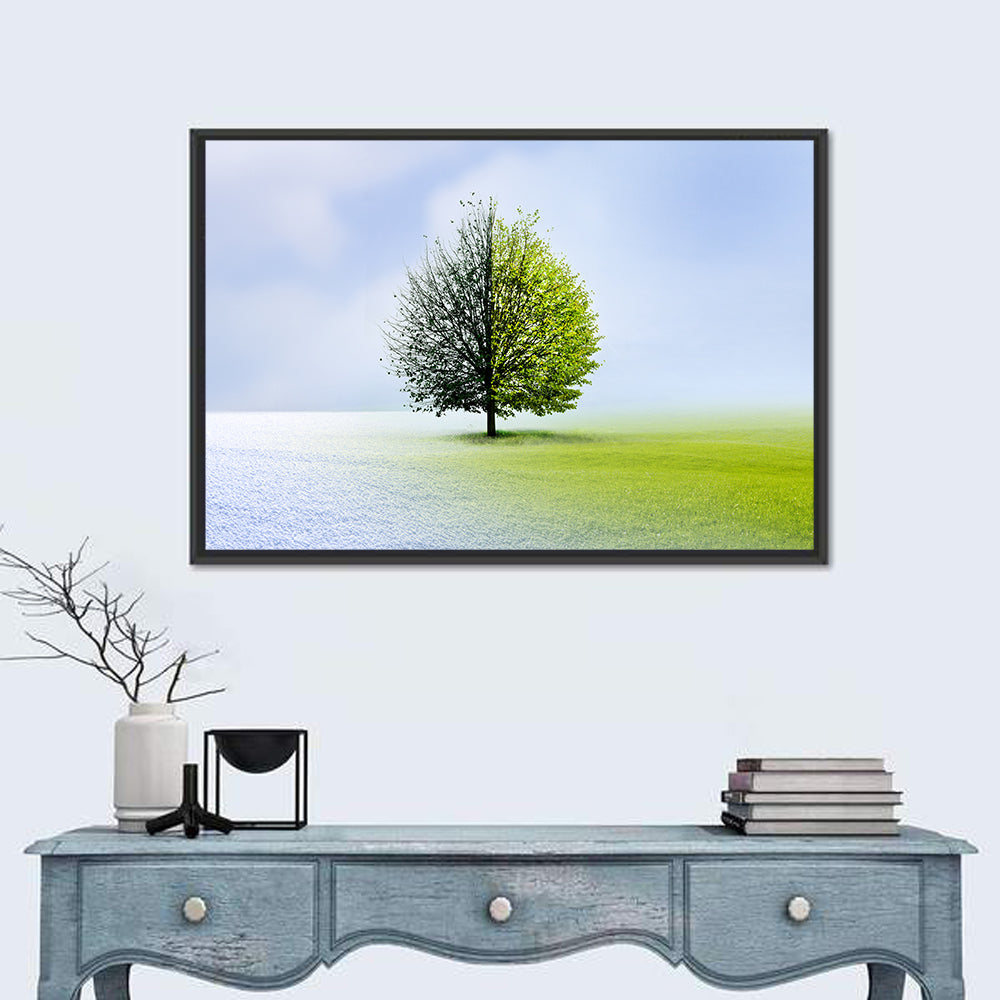 Winter to Spring Tree Wall Art in a room, landscape