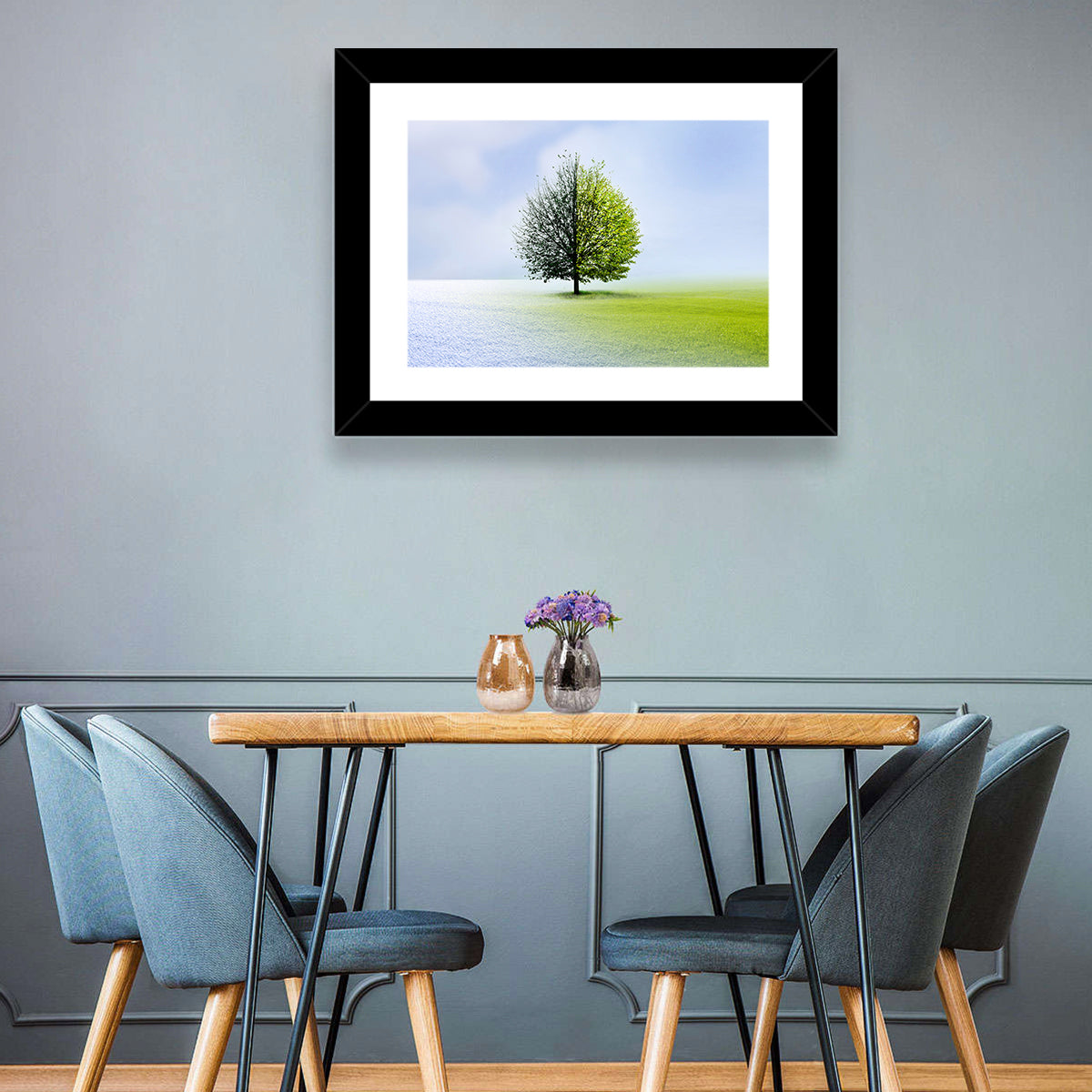 Winter to Spring Tree Wall Art in a room, landscape