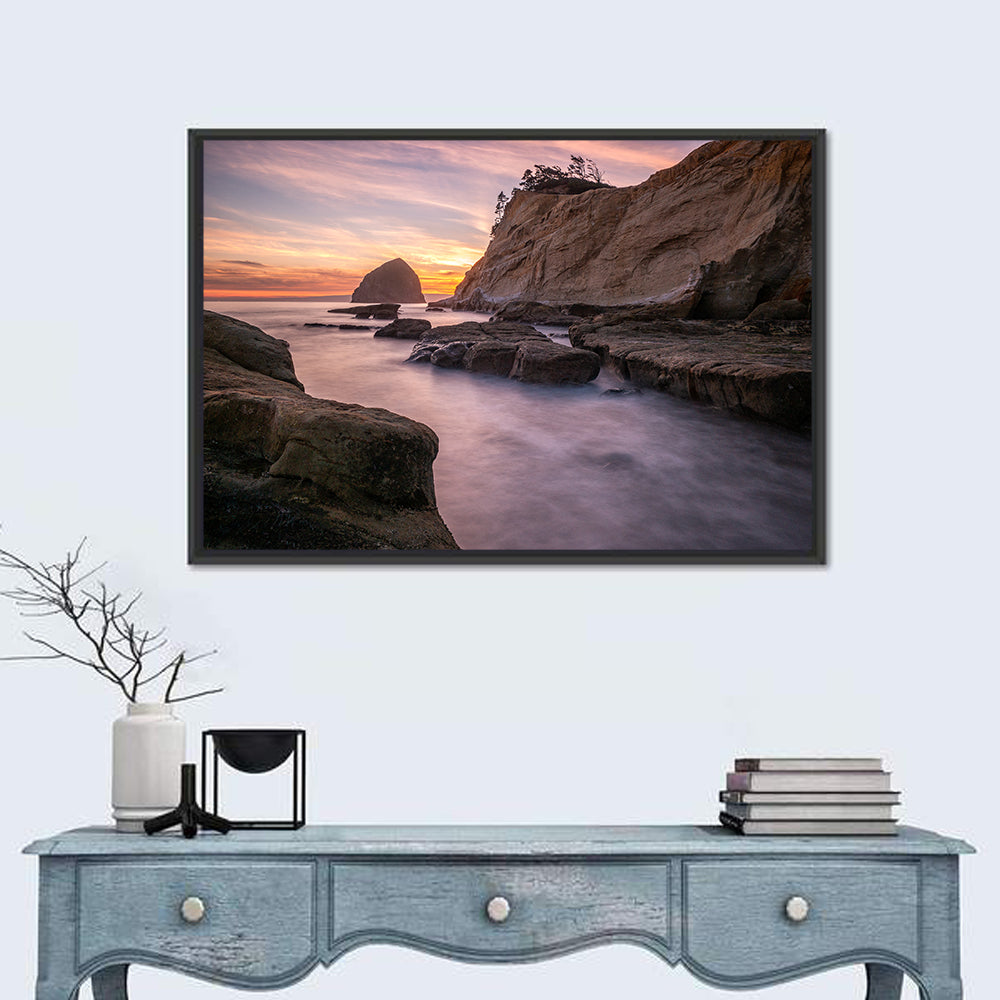 Haystack Rock at Cape Kiwanda Wall Art in a room, landscape