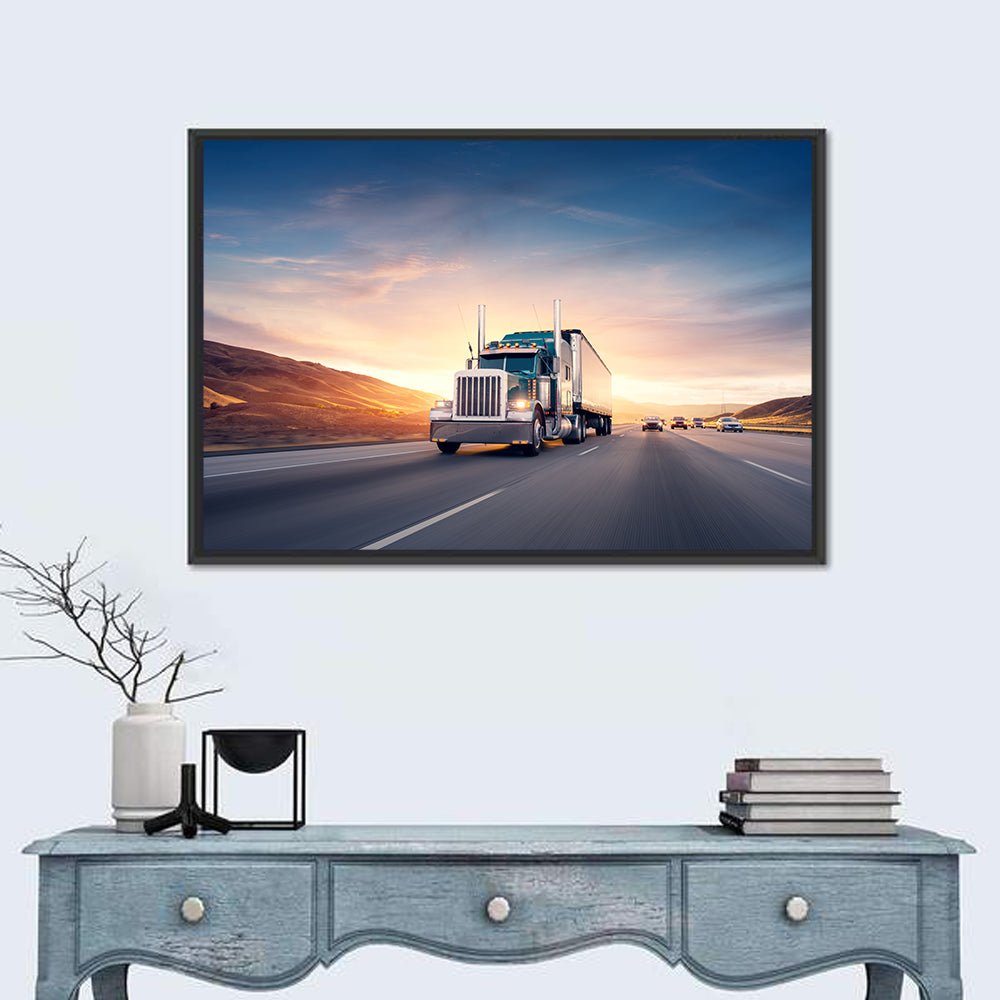 Semi Truck Highway Sunset Wall Art in a room, landscape