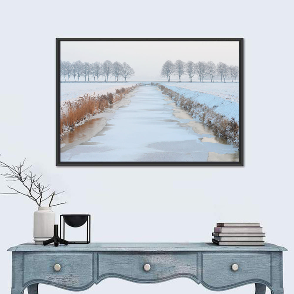 Frozen Canal with Bare Trees Wall Art in a room, landscape