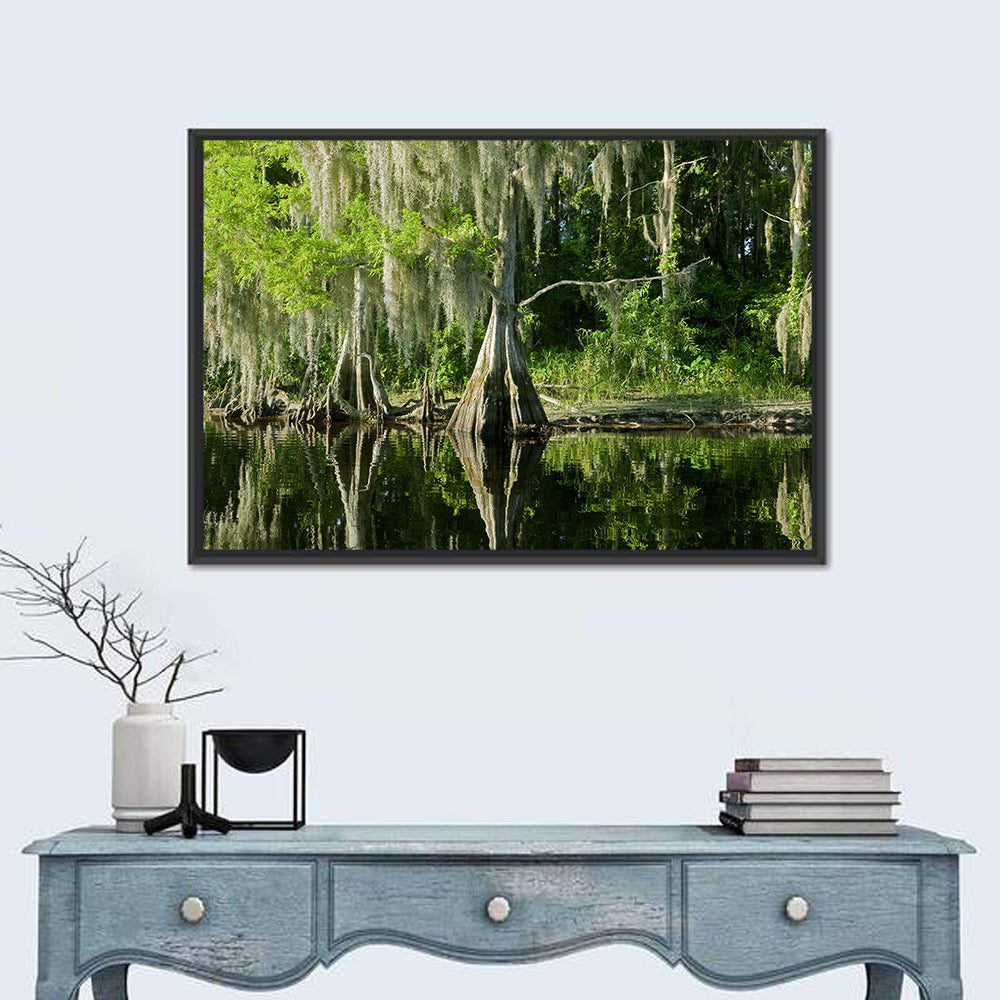 Bald Cypress and Great Blue Heron Wall Art in a room, landscape